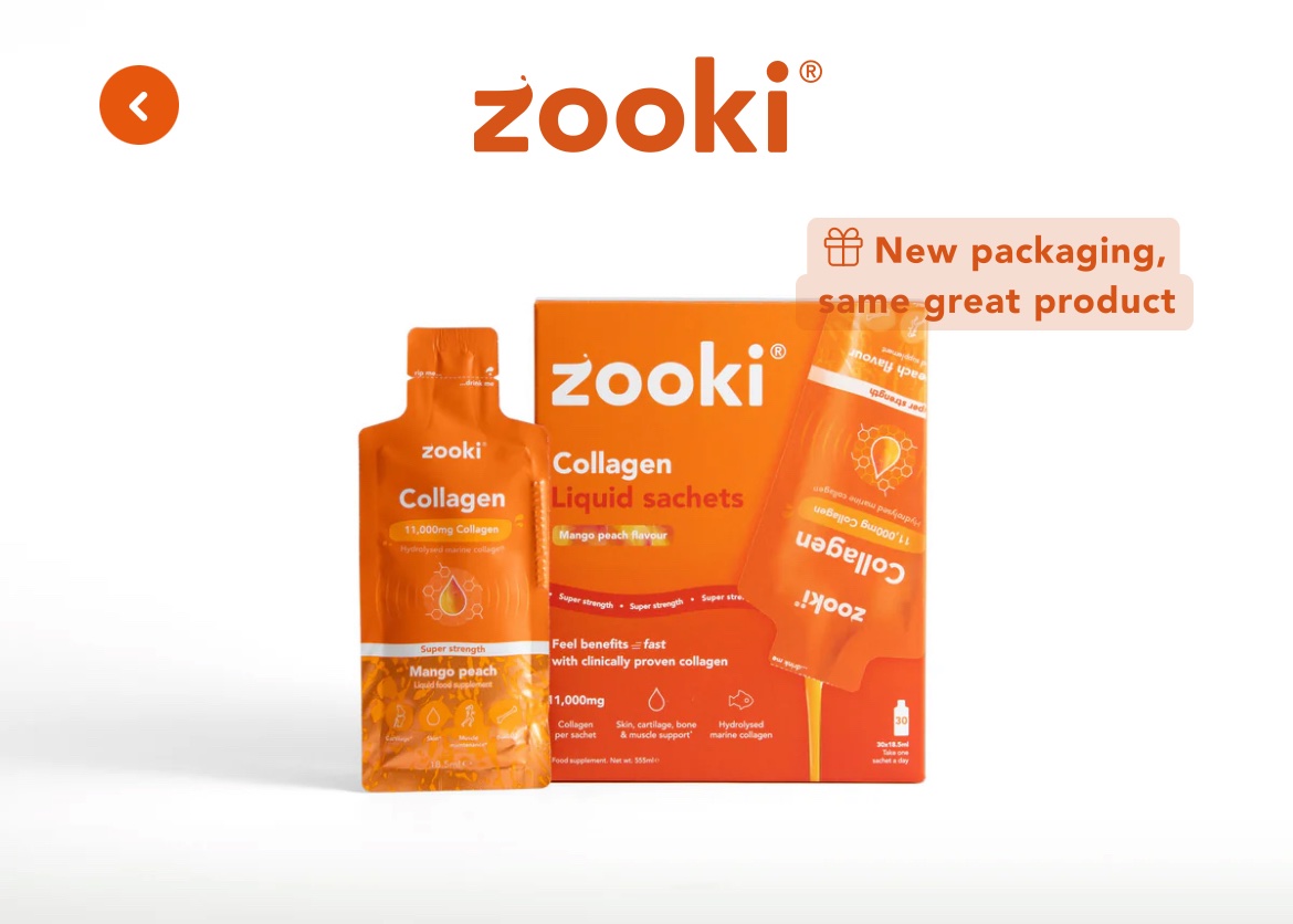 Zooki Collagen Liquid Sachets 11,000mg - Pack of 30 (Mango Peach Flavor)