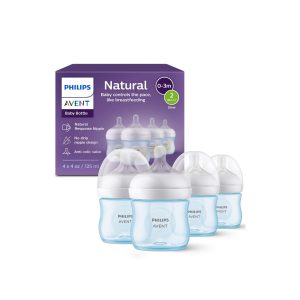 Philips Avent Natural Baby Bottles with Natural Response Nipples (Slow Flow, Flow 2), 4oz, BLUE, 4-Pack