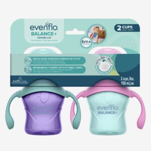 Evenflo Balance+ Trainer Cup with Ultra Soft Spout, Purple & Mint with Pink & Teal Handles, 5oz, 2 Pack, for 6+ Months