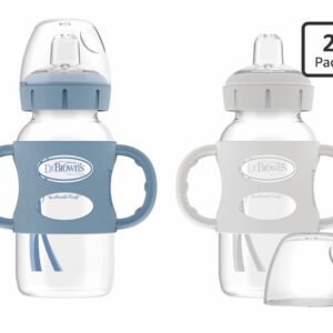 Dr. Brown's Wide-Neck Sippy Spout Bottle with Handles, Blue & Gray, 2-Pack