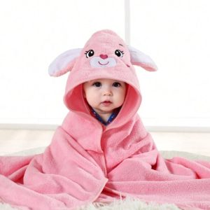 Baby Quick-dry Soft Hooded Coral Fleece Bathrobe & Towel- Pink